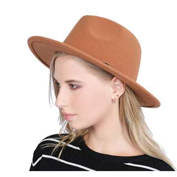 Lanzom Women Lady Retro Wide Brim Floppy Panama Hat Belt Buckle Wool Fedora Hat Fit Size 6 8/7-7 1/4 (Khaki, One Size)