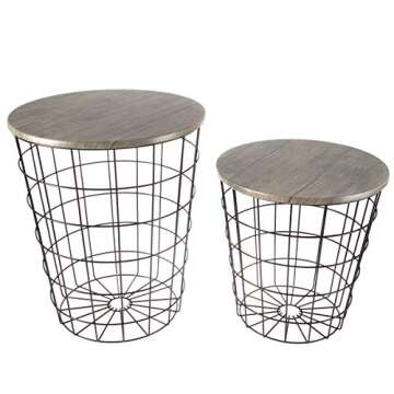 End Tables Set of 2 - Nesting Tables with Removable Wood Tops and Metal Basket Bases for Blanket Storage - Round Side Tables for Living Room, Bedroom, or Home Office by Lavish Home (Gray/Black)