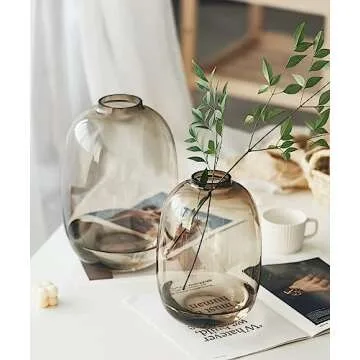 GeLive Brown Glass Vase Round Clear Vase Primary Colored Glass Vase for Centerpiece Tabletop Flower Vase Long Vase for Stem Branch Artificial Fresh Flower Home Indoor Decoration Modern Vase (Brown)