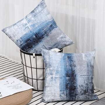 Alricc Blue and Grey Abstract Art Artwork Pillow Cover, Gallery Modern Decorative Throw Pillows Cushion Cover for Bedroom Sofa Living Room 18 x 18 Inch Set of 2