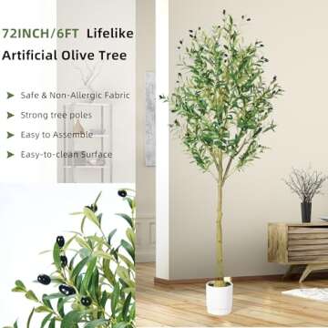 Skinny Olive Tree 6ft, Artificial Trees for Home Decor Indoor with Adjustable Branches and Lifelike Fruits- Easy Assembly, Low Maintenance (Skinny Olive Tree, 6ft)
