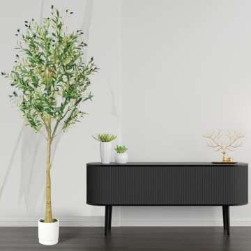 Skinny Olive Tree 6ft, Artificial Trees for Home Decor Indoor with Adjustable Branches and Lifelike Fruits- Easy Assembly, Low Maintenance (Skinny Olive Tree, 6ft)