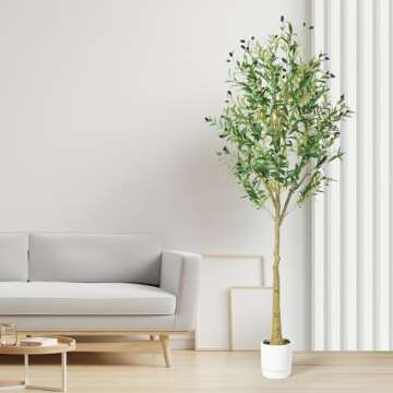 Skinny Olive Tree 6ft, Artificial Trees for Home Decor Indoor with Adjustable Branches and Lifelike Fruits- Easy Assembly, Low Maintenance (Skinny Olive Tree, 6ft)