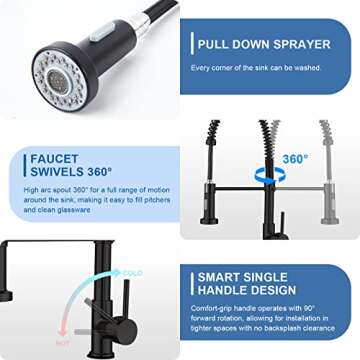 M OUDEMEI Commercial Pull Down Kitchen Sink Faucet with Dual Function Sprayer, Single Handle Spring Faucets with Deck Plate, High Arc Kitchen Faucet for 1 OR 3 Hole Easy Installation (Matte Black)