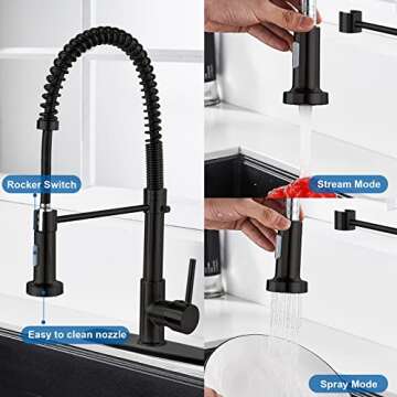 M OUDEMEI Commercial Pull Down Kitchen Sink Faucet with Dual Function Sprayer, Single Handle Spring Faucets with Deck Plate, High Arc Kitchen Faucet for 1 OR 3 Hole Easy Installation (Matte Black)