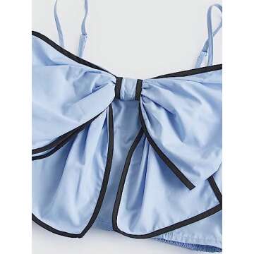 MakeMeChic Women's Y2K Bindings Camisole Sleeveless Bow Front Shirred Crop Cami Tops Light Blue Small