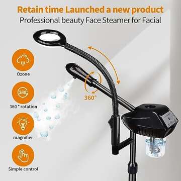 Retain Time Facial Steamer for Ozone Humidifier Atomizer Attach 5× Magnifier and Light, Professional Face Steamer Clean Skin Firming Pores and Moisturizing Suitable for a Beauty, Spa, at Home