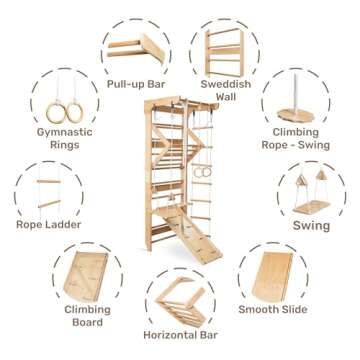 WEDANTA Wooden Swedish Ladder Wall Set – Kids Stall Bars for Exercise – Kids Gymnastic Wall Gym – Wood Gymnastics Playground – Gym for All Family Training Stretching Sport-3