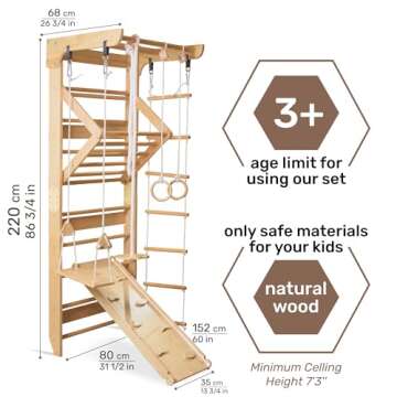 WEDANTA Wooden Swedish Ladder Wall Set – Kids Stall Bars for Exercise – Kids Gymnastic Wall Gym – Wood Gymnastics Playground – Gym for All Family Training Stretching Sport-3