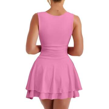 Kaximil Women's Square Neck Ruffle Hem Mini Dress Ruched Waist Short Party Dresses, Small, Pink