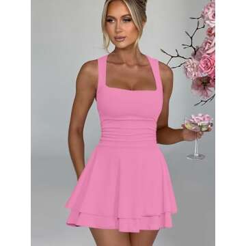 Kaximil Women's Square Neck Ruffle Hem Mini Dress Ruched Waist Short Party Dresses, Small, Pink