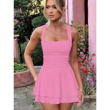 Kaximil Women's Square Neck Ruffle Hem Mini Dress Ruched Waist Short Party Dresses, Small, Pink