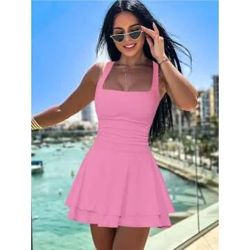 Kaximil Women's Square Neck Ruffle Hem Mini Dress Ruched Waist Short Party Dresses, Small, Pink