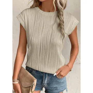EVALESS Womens Short Sleeve Round Neck Spring Summer Textured Tops 2024 Fashion Trendy Casual Loose Fit T Shirts Tee Blouses Clothes Apricot Small