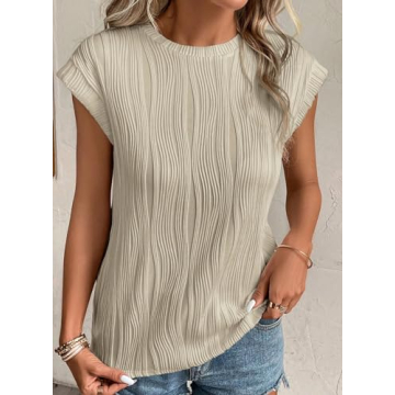 EVALESS Womens Short Sleeve Round Neck Spring Summer Textured Tops 2024 Fashion Trendy Casual Loose Fit T Shirts Tee Blouses Clothes Apricot Small