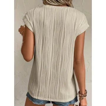 EVALESS Womens Short Sleeve Round Neck Spring Summer Textured Tops 2024 Fashion Trendy Casual Loose Fit T Shirts Tee Blouses Clothes Apricot Small