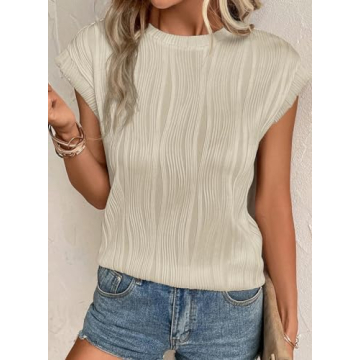 EVALESS Womens Short Sleeve Round Neck Spring Summer Textured Tops 2024 Fashion Trendy Casual Loose Fit T Shirts Tee Blouses Clothes Apricot Small