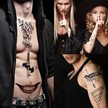 Zeecdatoo 36 Sheets Halloween Temporary Tattoos for Joker & Harley Quinn