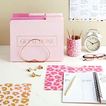 Paper Junkie 12 Pack Pink Leopard Decorative File Folders, Cute Gold Foil Print Office Supplies, Let...