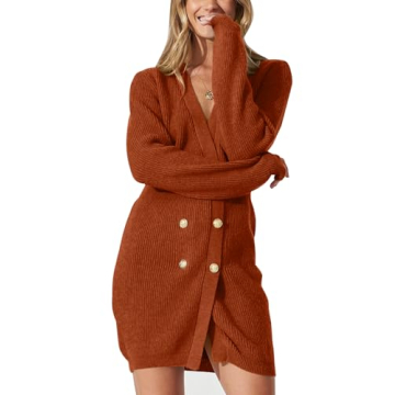 PRETTYGARDEN Women's V Neck Button Down Sweater Dress 2023 Fall Ribbed Knit Long Sleeve Chunky Cardigan Sweaters Dresses (Caramel,Large)