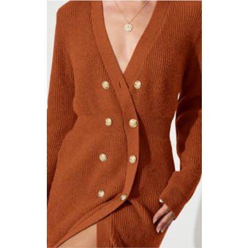 PRETTYGARDEN Women's V Neck Button Down Sweater Dress 2023 Fall Ribbed Knit Long Sleeve Chunky Cardigan Sweaters Dresses (Caramel,Large)