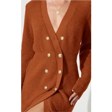 PRETTYGARDEN Women's V Neck Button Down Sweater Dress 2023 Fall Ribbed Knit Long Sleeve Chunky Cardigan Sweaters Dresses (Caramel,Large)