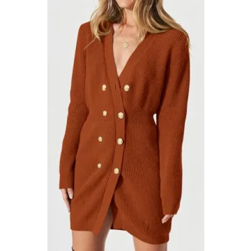 PRETTYGARDEN Women's V Neck Button Down Sweater Dress 2023 Fall Ribbed Knit Long Sleeve Chunky Cardigan Sweaters Dresses (Caramel,Large)