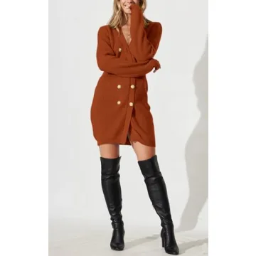 PRETTYGARDEN Women's V Neck Button Down Sweater Dress 2023 Fall Ribbed Knit Long Sleeve Chunky Cardigan Sweaters Dresses (Caramel,Large)