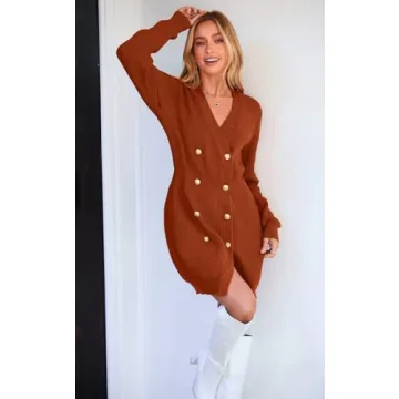 PRETTYGARDEN Women's V Neck Button Down Sweater Dress 2023 Fall Ribbed Knit Long Sleeve Chunky Cardigan Sweaters Dresses (Caramel,Large)