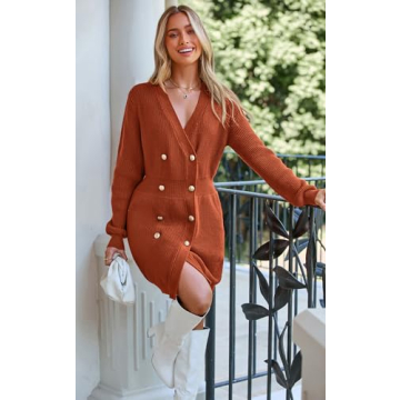 PRETTYGARDEN Women's V Neck Button Down Sweater Dress 2023 Fall Ribbed Knit Long Sleeve Chunky Cardigan Sweaters Dresses (Caramel,Large)