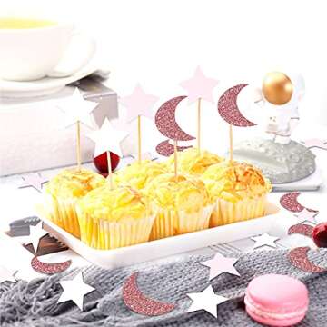 Rose-Gold Pink-White Moon Star Confetti - 300pcs Glitter Twinkle Little Star Table Confetti Eid Rama...