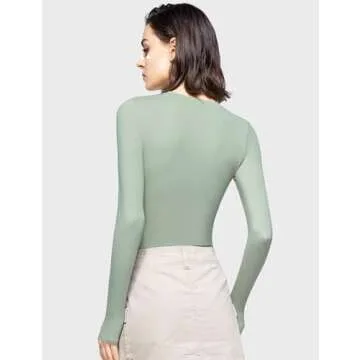 PUMIEY Women's Long Sleeve T Shirts Crew Neck Slim Fit Going Out Tops for Women Sexy Basic Tee, Sage X-Small