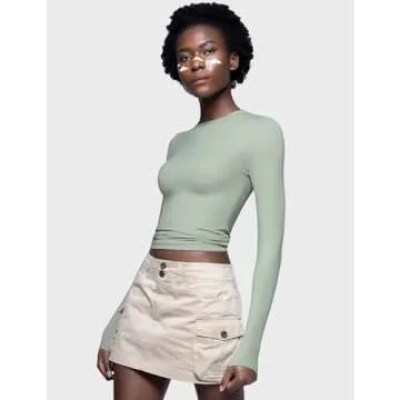 PUMIEY Women's Long Sleeve T Shirts Crew Neck Slim Fit Going Out Tops for Women Sexy Basic Tee, Sage X-Small