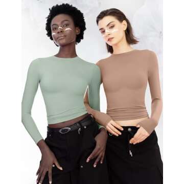 PUMIEY Women's Long Sleeve T Shirts Crew Neck Slim Fit Going Out Tops for Women Sexy Basic Tee, Sage X-Small