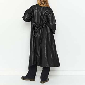chouyatou Women's Casual Lapel Open Front Pu Faux Leather Long Trench Coat with Belt (Small, Black)