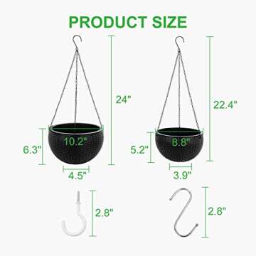 GROWNEER 2 Packs 10.2 and 8.8 Inches Hanging Basket Planters with 6 Pcs Hooks, Drainer and Chain, Pl...