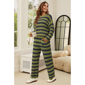 SENSERISE Womens Lounge Sets Oversized Sweater Set Striped Long Sleeve Tops and Pants Pajamas with Pockets