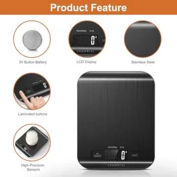 CROWNFUL Food Scale, 11 lb Digital Kitchen Scales with Built-in Coin Battery, Weight Ounces and Grams for Cooking and Baking, 6 Units with Tare Function, LCD Display, 304 Stainless Steel, Black