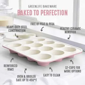 GreenLife 12-Cup Muffin Pan, Healthy Ceramic Nonstick Bakeware, PFOA & PFAS-Free Cupcake Sheet, Durable Baking Tray, Versatile Kitchen Essentials, Easy Clean Muffin Mold, Nonstick Baking Pan, Pink