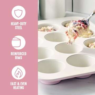 GreenLife 12-Cup Muffin Pan, Healthy Ceramic Nonstick Bakeware, PFOA & PFAS-Free Cupcake Sheet, Durable Baking Tray, Versatile Kitchen Essentials, Easy Clean Muffin Mold, Nonstick Baking Pan, Pink