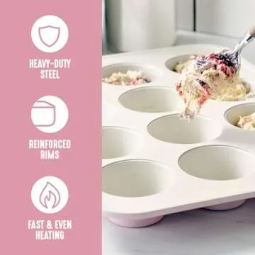 GreenLife 12-Cup Muffin Pan, Healthy Ceramic Nonstick Bakeware, PFOA & PFAS-Free Cupcake Sheet, Durable Baking Tray, Versatile Kitchen Essentials, Easy Clean Muffin Mold, Nonstick Baking Pan, Pink