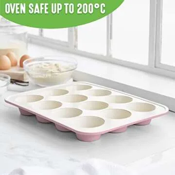 GreenLife 12-Cup Muffin Pan, Healthy Ceramic Nonstick Bakeware, PFOA & PFAS-Free Cupcake Sheet, Durable Baking Tray, Versatile Kitchen Essentials, Easy Clean Muffin Mold, Nonstick Baking Pan, Pink