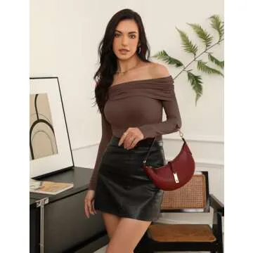 Meetrendi Women's Off Shoulder Tops Y2K Slim Fit Long Sleeves Spring Fall Blouse Tops Going Out Nightout Shirt Coffee