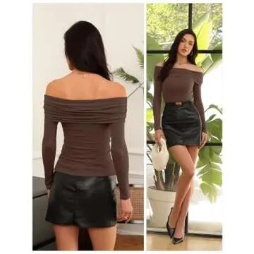 Meetrendi Women's Off Shoulder Tops Y2K Slim Fit Long Sleeves Spring Fall Blouse Tops Going Out Nightout Shirt Coffee