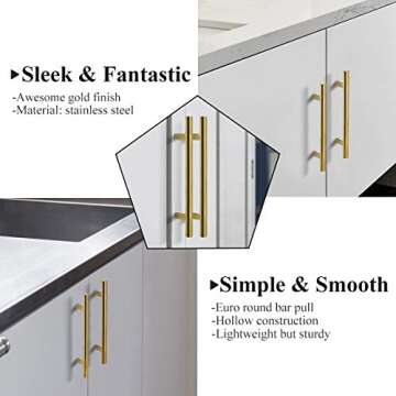 Probrico 10 Pack|Gold Kitchen Cabinet Hanles Cabinet Pulls 5 Inch Hole Center, Euro Style Round T Ba...