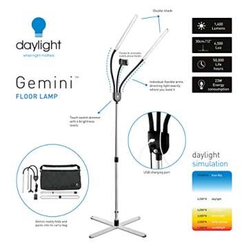 Daylight Company Gemini Floor Lamp, 2 Strobe Lamp, 4 Brightness Levels, Social Media, Nails, Salon, ...