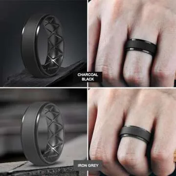 Egnaro Inner Arc Ergonomic Breathable Design, Silicone Rings Mens with Half Sizes, 7 Rings / 6 Rings / 5 Rings / 4 Rings / 1 Ring Rubber Wedding Bands, 8.5mm Wide-2mm Thick, 9-9.5(21.66mm)