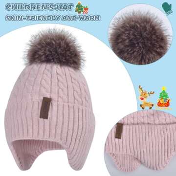 Winter Hat Gloves Scarf Set for Kids Earflap Beanie with Cute Pom Knit Neck Warmer Mittens Girls Chi...