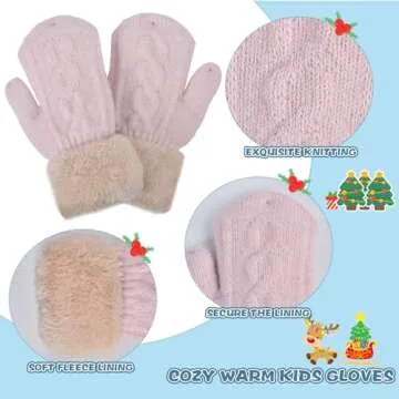 Winter Hat Gloves Scarf Set for Kids Earflap Beanie with Cute Pom Knit Neck Warmer Mittens Girls Children Baby Toddler Pink Warm Wool Fleece Lining 2 3 4 5 6 Years Old