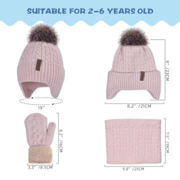 Winter Hat Gloves Scarf Set for Kids Earflap Beanie with Cute Pom Knit Neck Warmer Mittens Girls Children Baby Toddler Pink Warm Wool Fleece Lining 2 3 4 5 6 Years Old